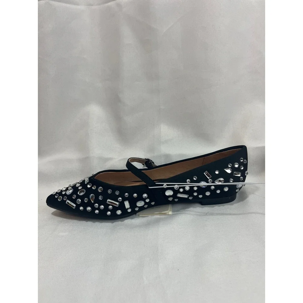 A New Day Womens Black Rhinestone Mary Jane Pointed Toe Flats Shoes‎ Size 6 NWT